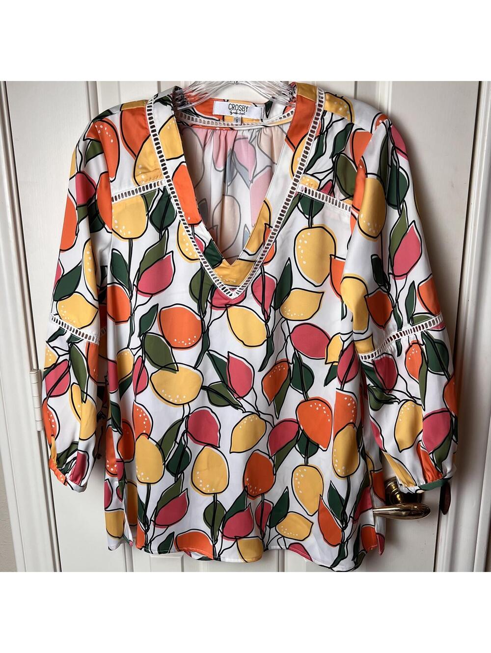 Crosby by Mollie Burch Becky Top Citron Lemon Orange Vibrant Dopamine Print Sz S